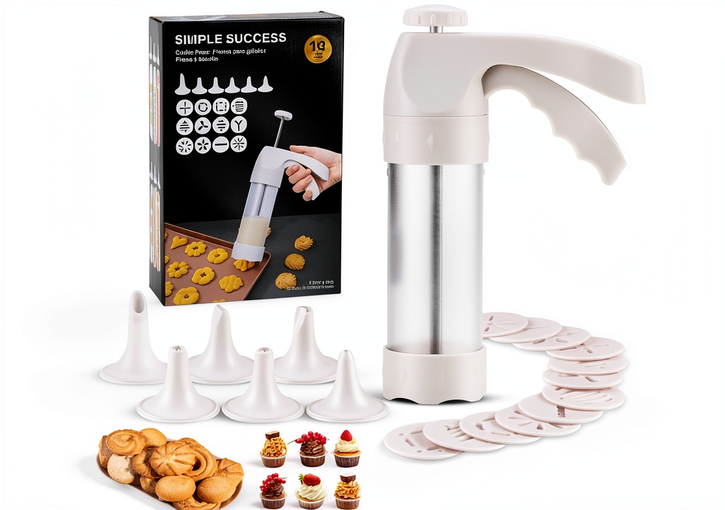 Dacono Cookie Press Kit with assorted discs and nozzles displayed on a kitchen counter