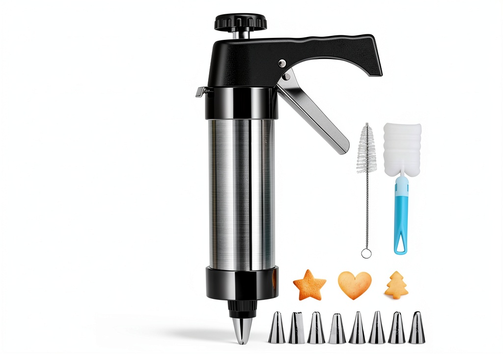 CulinaGear cookie press displaying heart and star shapes on a kitchen counter
