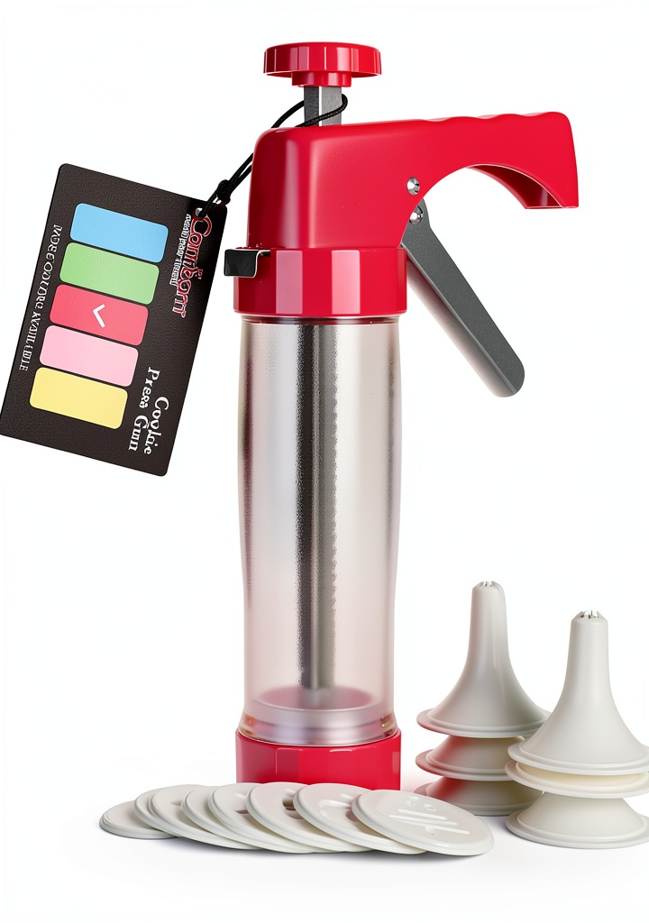 Valuetools cookie press with clear tube and multiple discs on a kitchen counter