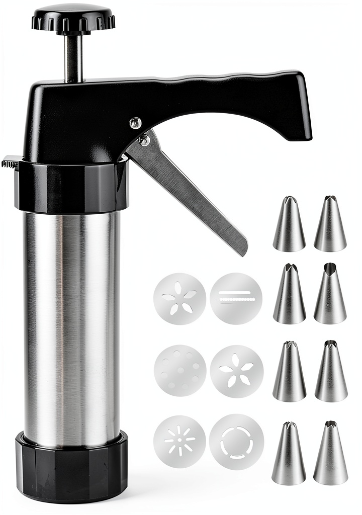 FEAYEA cookie press with Christmas-themed discs on a baking sheet