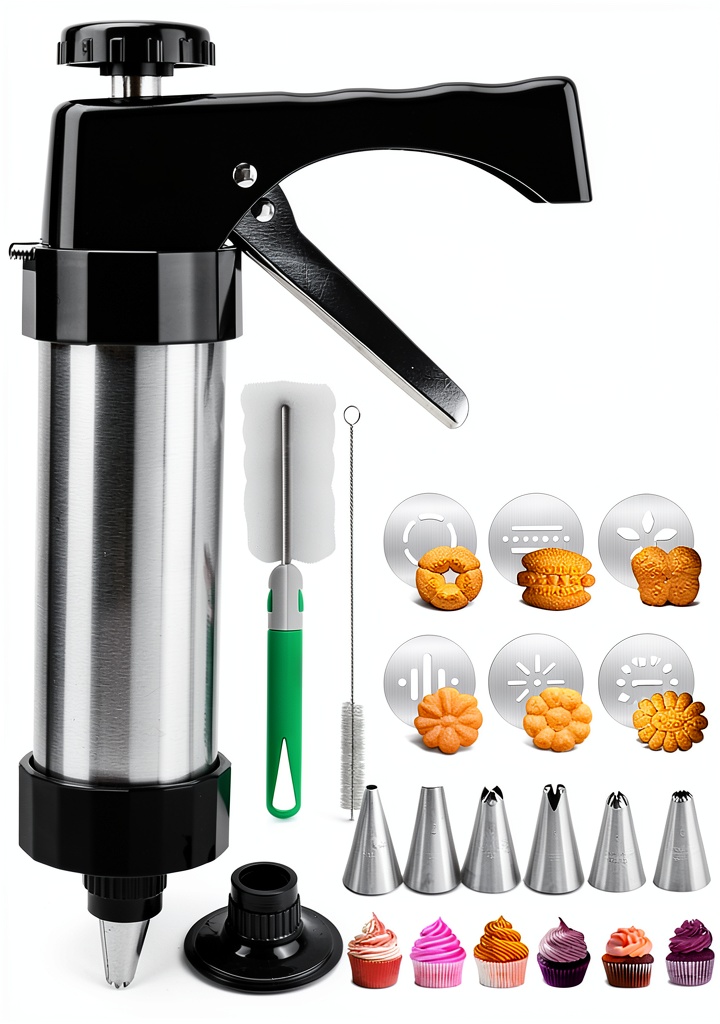 Yonderfume cookie press with discs and nozzles on a kitchen counter