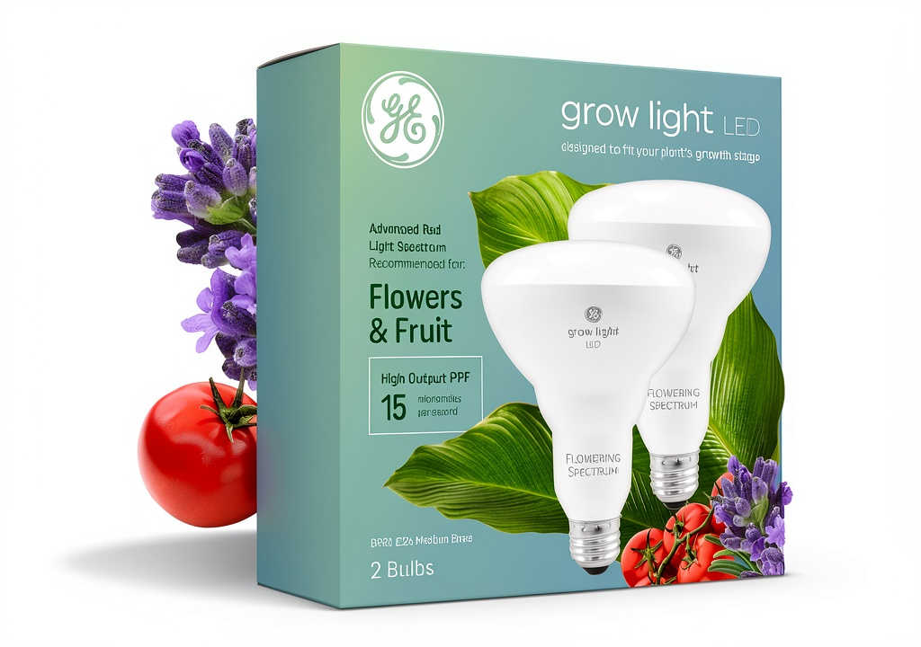 GE LED grow light installed above indoor herb garden