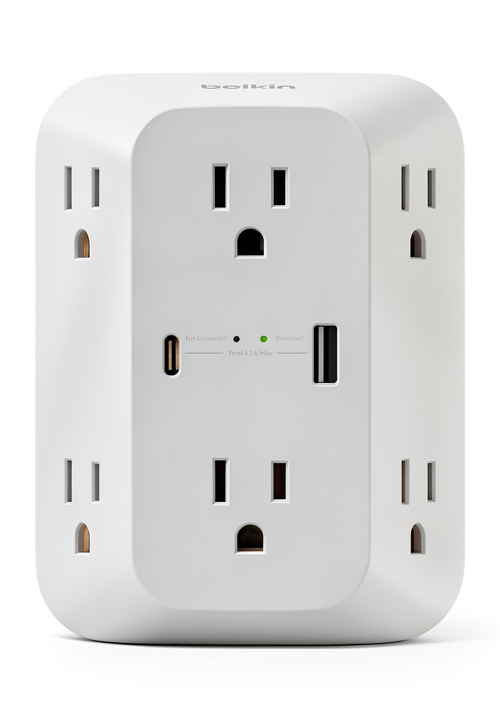 Belkin surge protector installed behind a home office desk