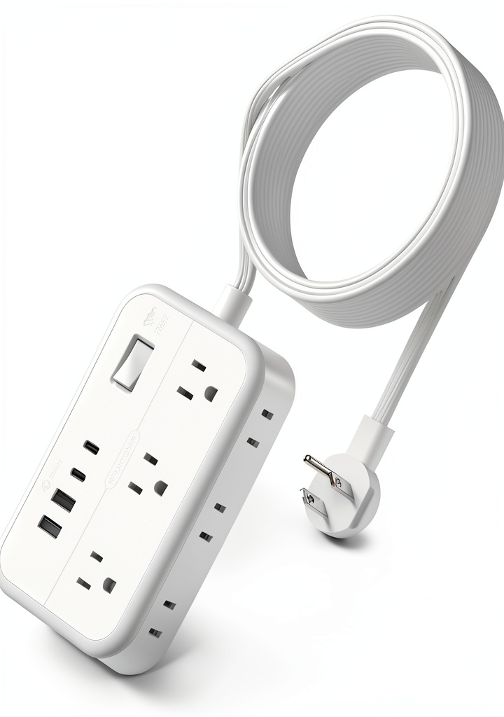 Extension cord plugged into a wall outlet behind a desk