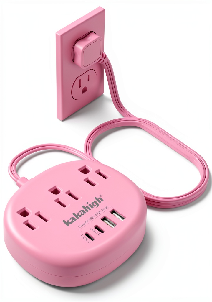 Compact pink power strip with USB C ports