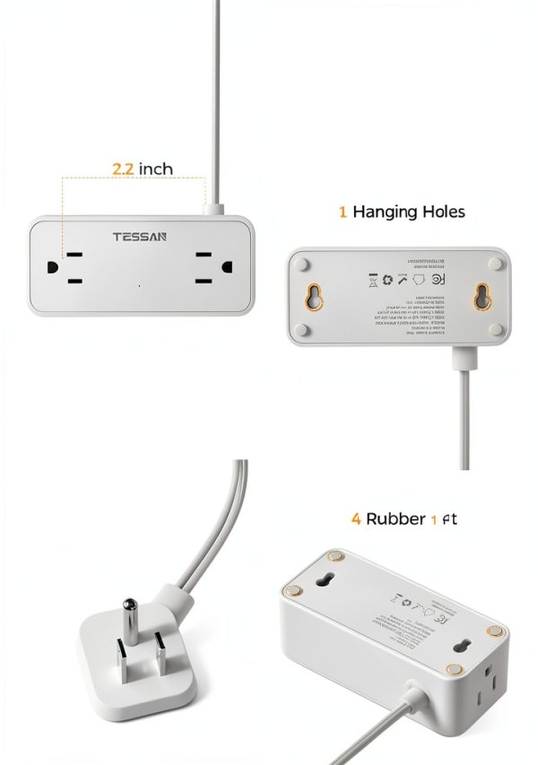 TESSAN 7-in-1 Flat Plug Power Strip 5FT Black USB-C USB-A Surge-6