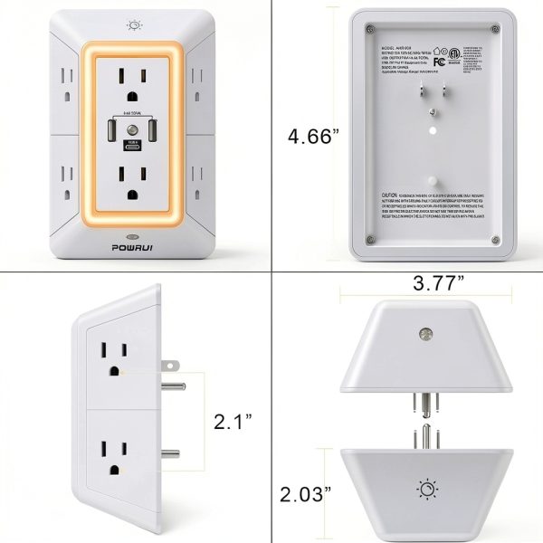 POWRUI USB Wall Power Strip 6 Wide AC Outlets 3 Fast USB Ports-7