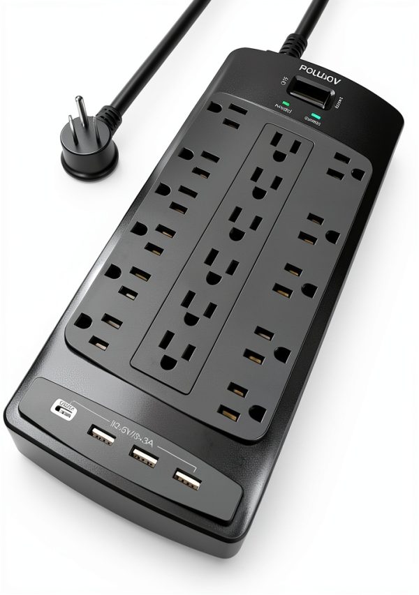 POWSAV 18-Outlet Power Strip with 4 USB Ports Plug Surge Protector-0