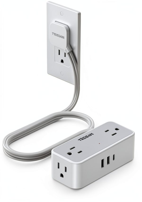 TESSAN 7-in-1 Flat Plug Power Strip 5FT Black USB-C USB-A Surge-0