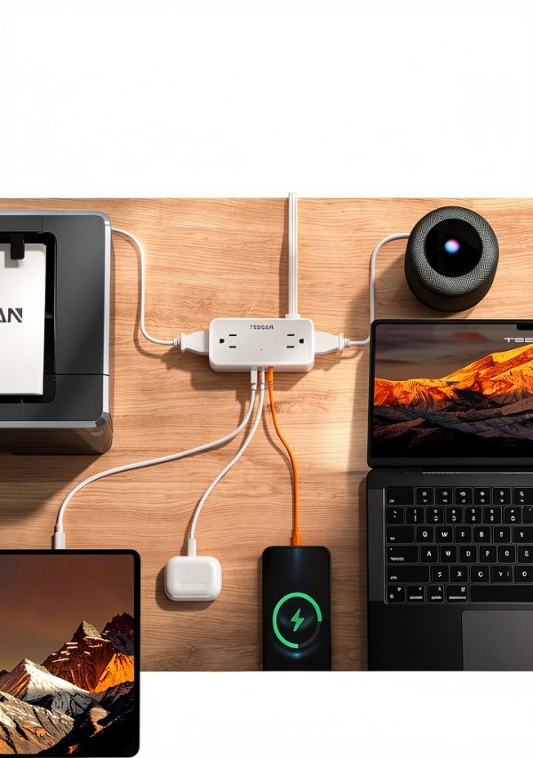 TESSAN 7-in-1 Flat Plug Power Strip 5FT Black USB-C USB-A Surge-1