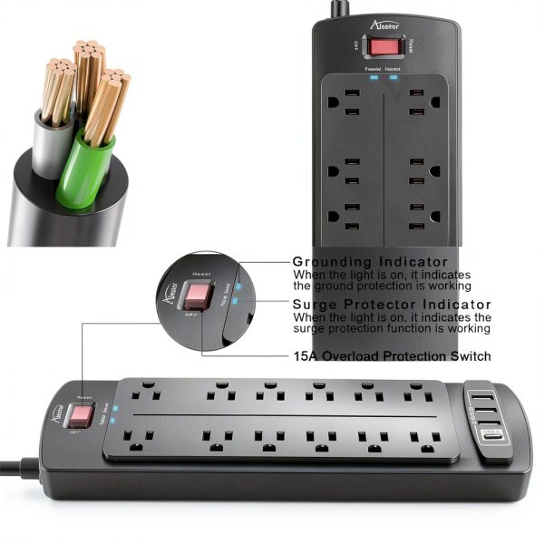 Power Strip Alestor Surge Protector 12 AC Outlets 4 USB Ports 6ft-4